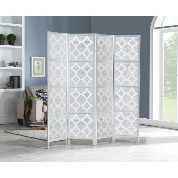slide 1 of 12, Quatrefoil Infused Diamond Design 4-panel Room Divider Silver