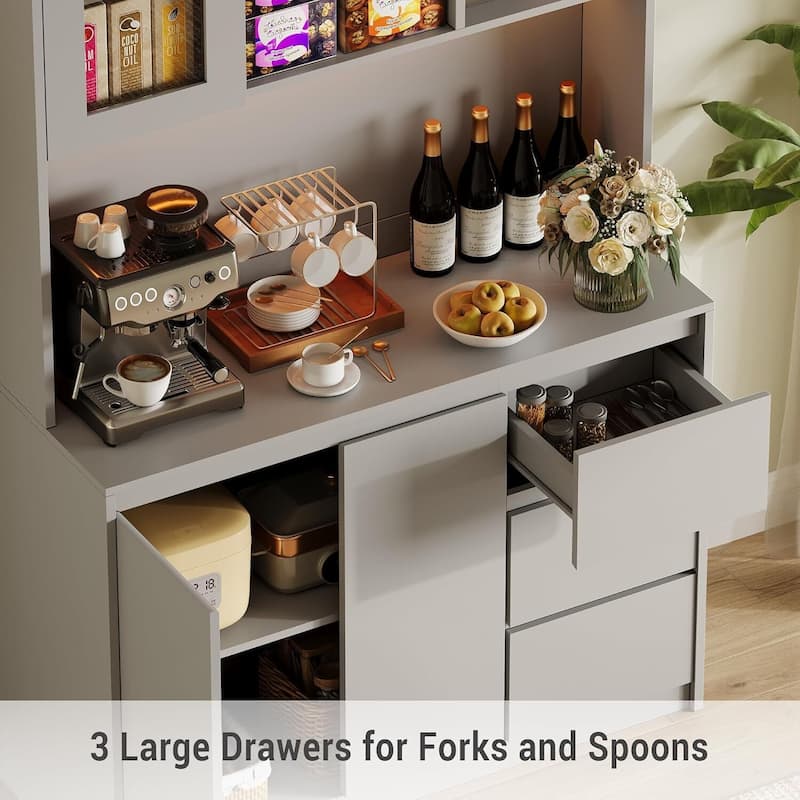 71" Tall Pantry Cabinet with Charging Station and Led Lights, Kitchen Hutch with Microwave Stand for Dining Room, Living Room