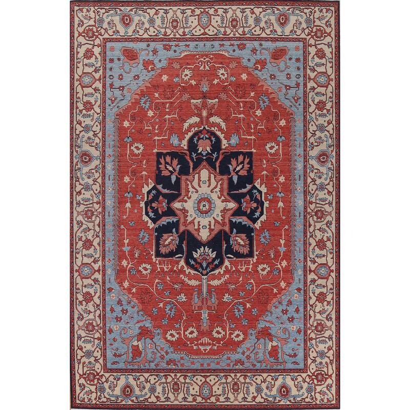 Red/ Ivory/ Blue Heriz Serapi Turkish Area Rug Handmade Wool Carpet - 9'0" x 12'0"