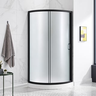 OVE Breeze Round Corner Shower Kit with Frosted Glass Sliding Door and Shower Base Pan (Walls not Included)