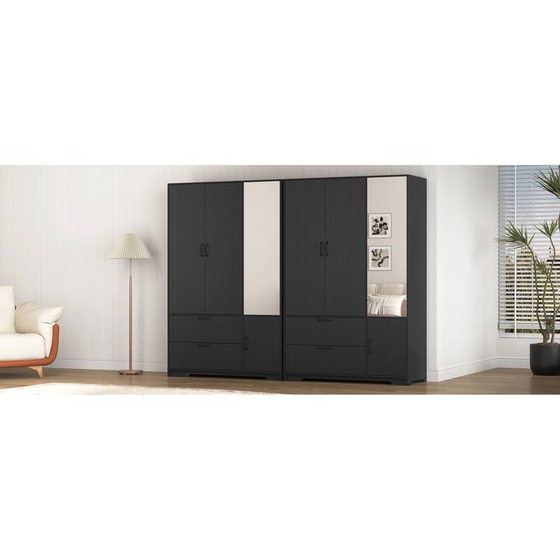 4 Doors Wardrobe Closet with Mirror, LED Wardrobe with Doors and 2 Drawers, Wooden Wardrobe Storage Cabinet with Hanging Rod
