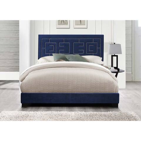 Ishiko III Eastern King Bed Panel Bed in Dark Blue Velvet , Fully Padded Rectangular Headboard & Low Profile Footboard
