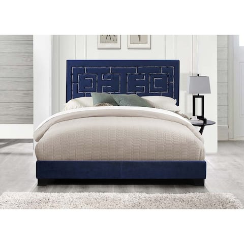 Ishiko III Eastern King Bed Panel Bed with Dark Blue Velvet Padded Headboard