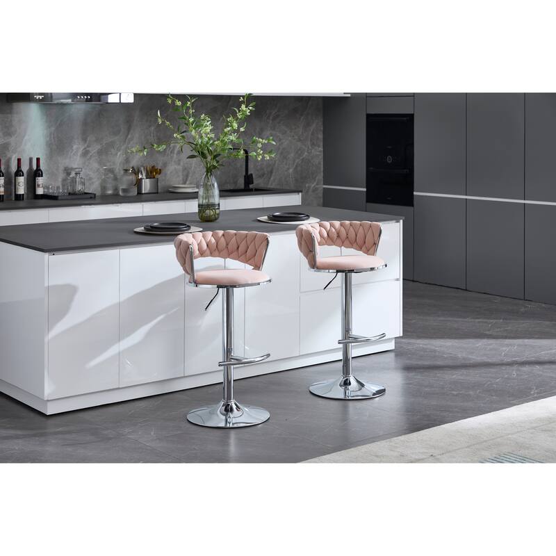 Set of 2 Adjustable Swivel Bar Stools, Pink Velvet with Chrome Footrest & Chrome Legs