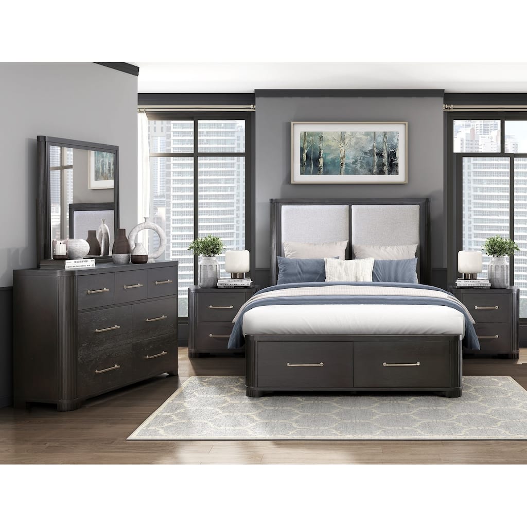 5pc Bedroom Furniture Platform Bed Two Nightstands Dresser Mirror Set Charcoal Finish