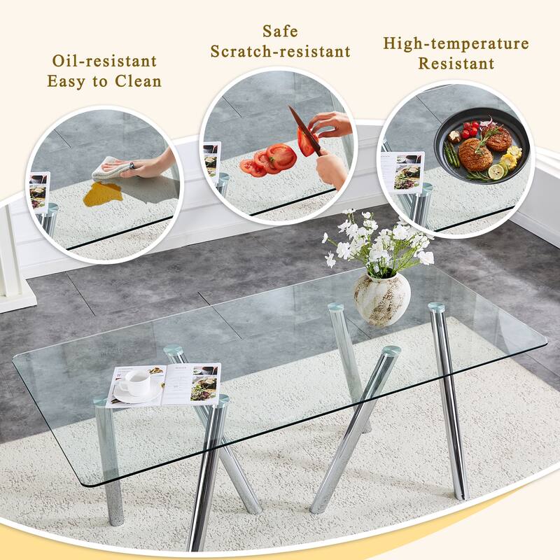 71-Inch Tempered Glass Dining Table with Sturdy Metal Legs