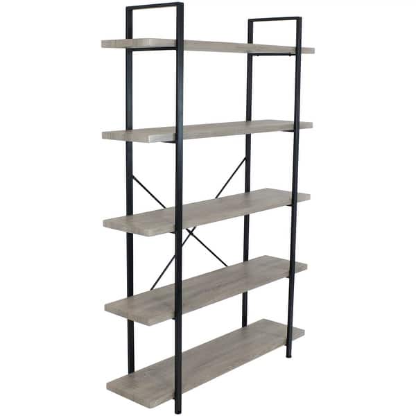 slide 2 of 9, Sunnydaze Industrial Style 5-Tier Bookshelf with Wood Veneer Shelves Grey