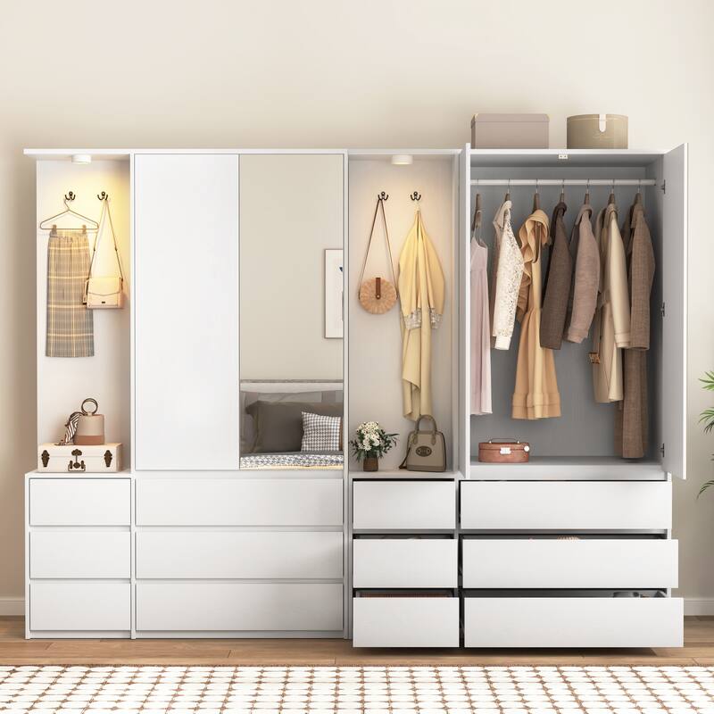 6 Drawers Armoire Wooden Bedroom Wardrobe Closet with Mirrored Door, Storage Shelves and Hanging Rail