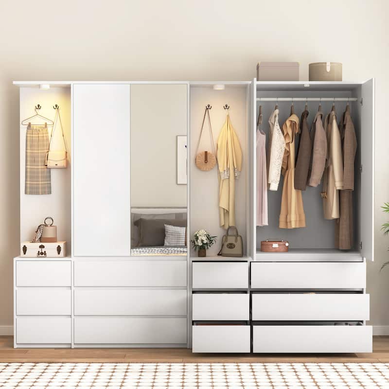 71.7" H Modern Wardrobe Closet with 2 Doors & 6 Drawers, Wooden Clothing Storage Cabinet with Hanging Rail