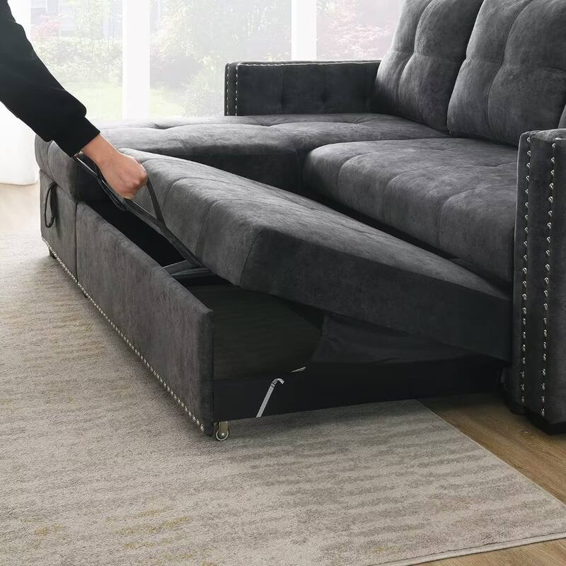 Morden Fort Reversible L-Shaped Sofa Bed with Storage - Velvet Upholstery, Button Tufting, and Nailhead Trim