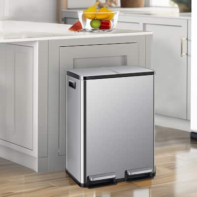 Large 60 Liter Stainless Steel Trash Can, Dual Compartment Plastic Inner Bucket (2 x 8 Gallon)