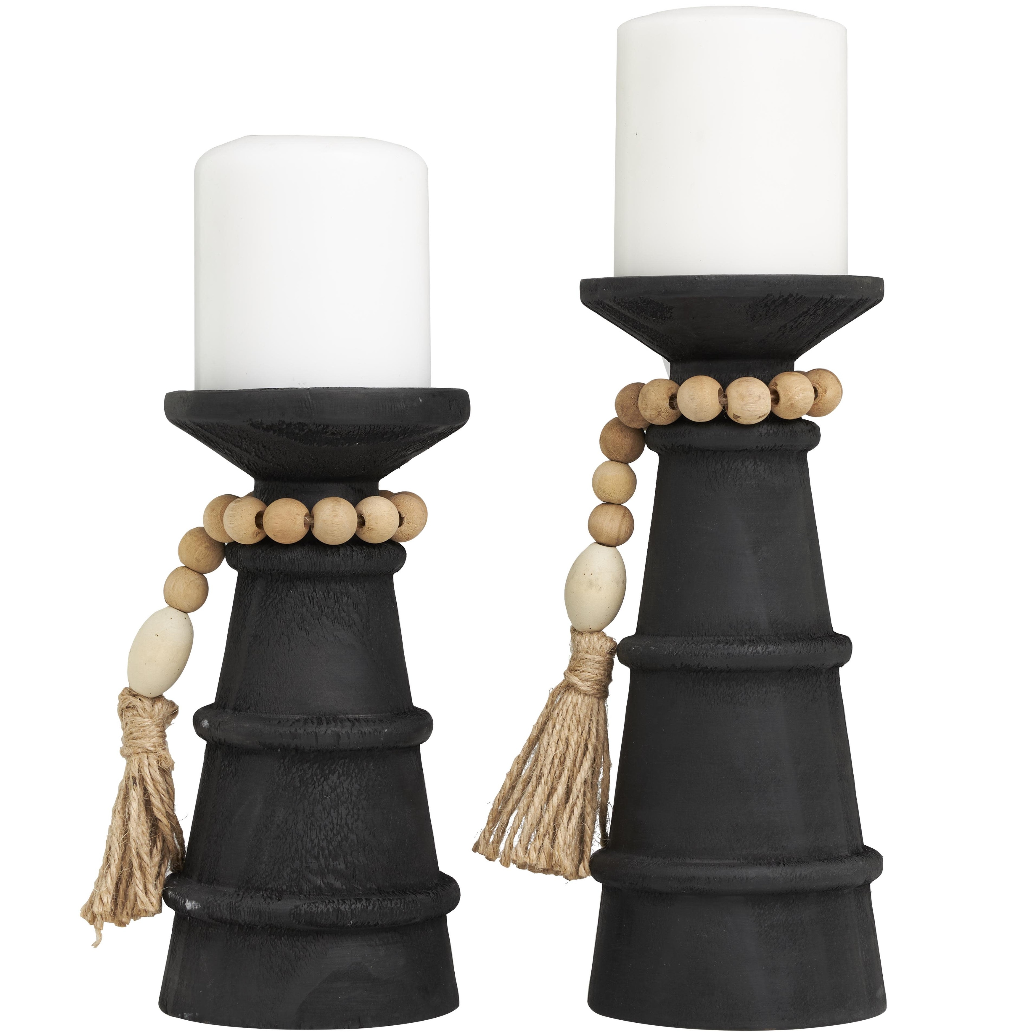 Roche River Decor - Wood Handmade Textured Matte Candle Holder with Beaded Garland Accent - Set of 2 Black