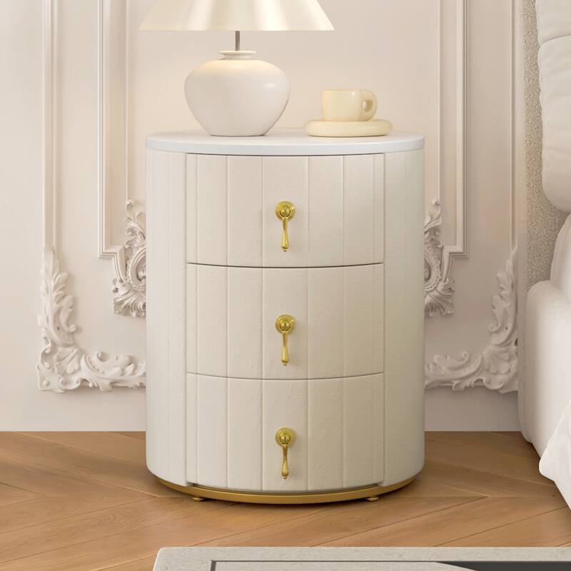 Upholstered 3-Drawer Nightstand - Round Marbling Top Bedside Table (Fully Assembled Except Handles, Beige)