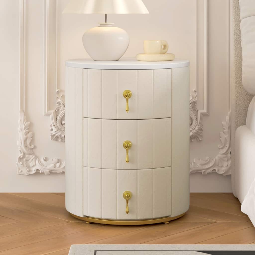 Upholstered Nightstand with 3 Drawers, Round Bedside Table with Metal Handles,Marbling Stickers Top Night Table for Bedroom