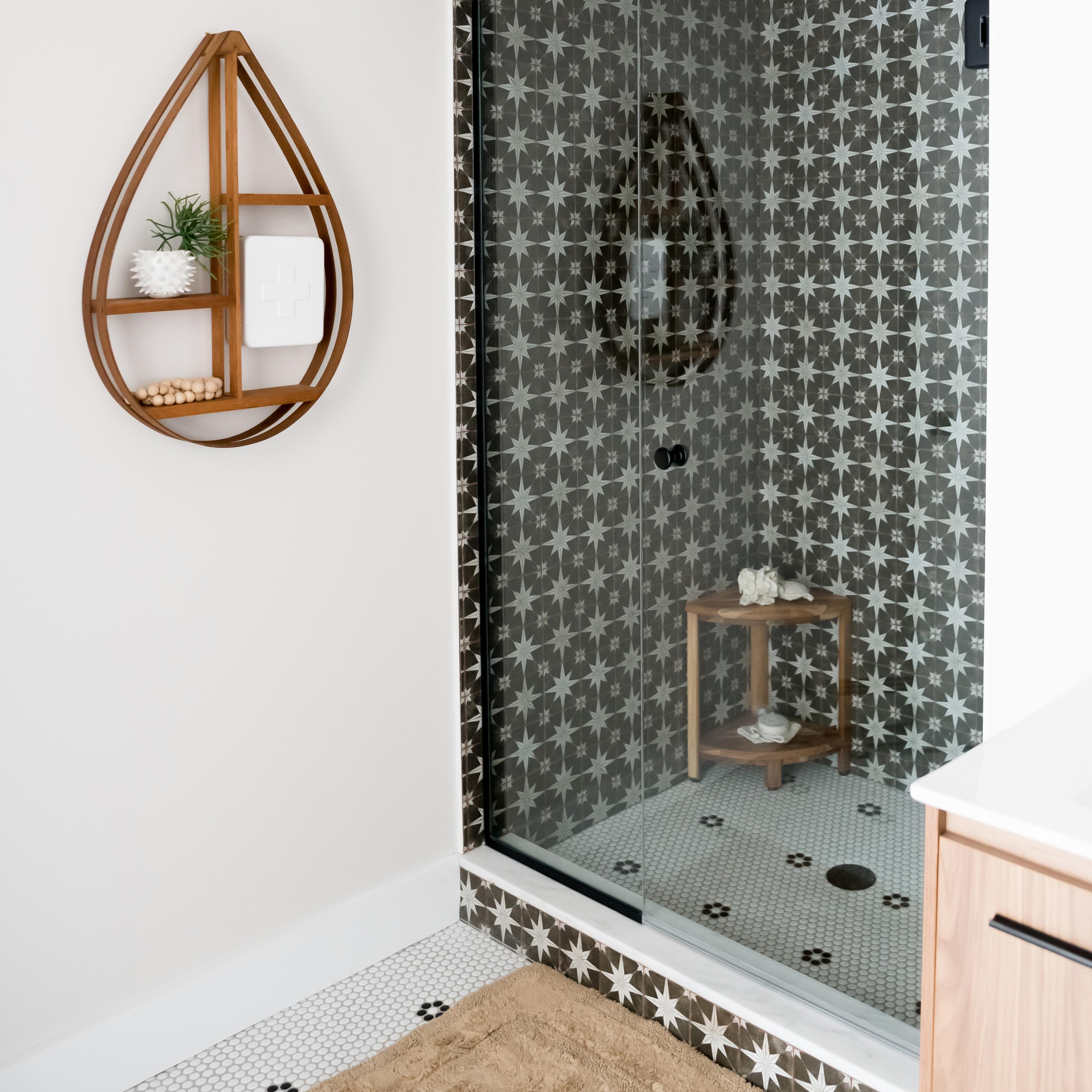 Merola Tile Metro Penny Matte White w/ Black Flower 9-3/4" x 11-1/2" Porcelain Floor and Wall Tile