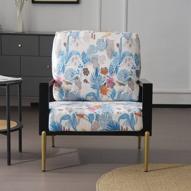 Retro Floral Print Velvet Armchair with Gold Legs and Rubberwood Frame, Ideal for Indoor and Outdoor Use