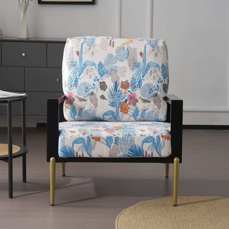 Roomfitters Modern Low Back Floral Velvet Accent Armchair with Gold Metal Legs, Wide Armrests and Pillow Back