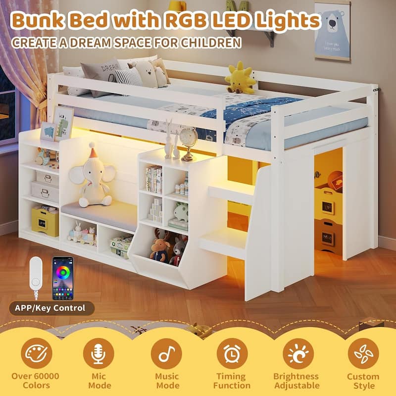 Twin Loft Bed with LED Lights and Storage Bookcase Reading Nook Secret Play Space