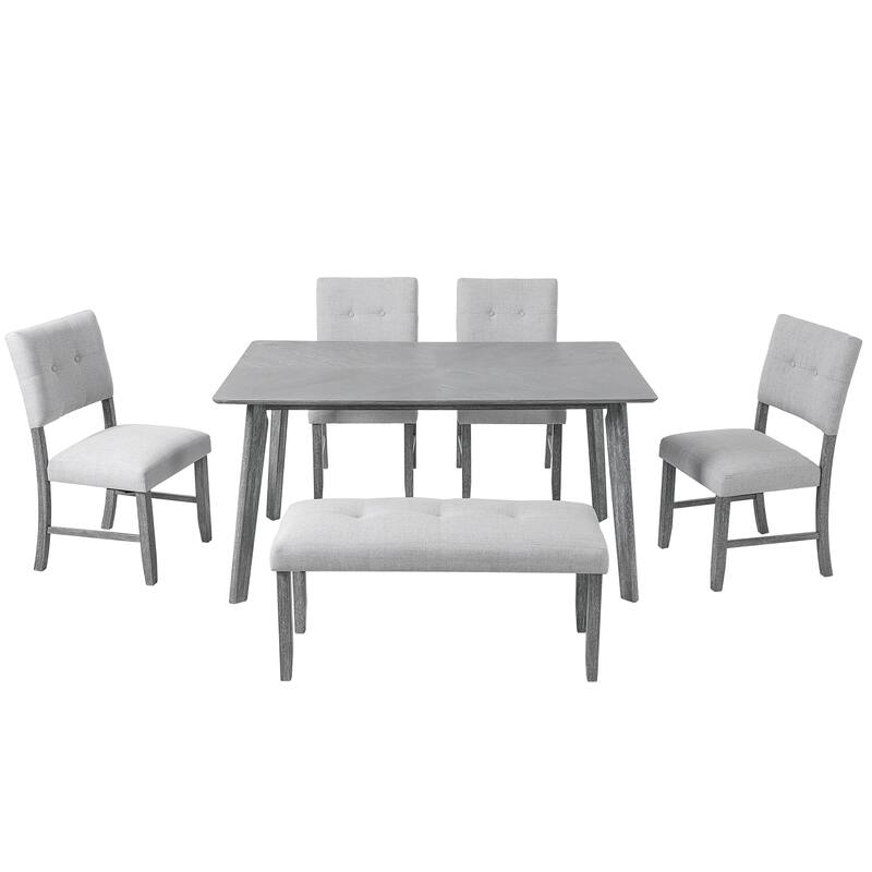 6 Piece Dining Room Table Set, Rustic Farmhouse Dining Room Rectangular Table with 4 Upholstered Chairs and Bench, Solid