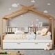 preview thumbnail 7 of 6, Wooden House Bed with Original Wood Colored Frame Twin Size Trundle and Bookshelf Storage Space