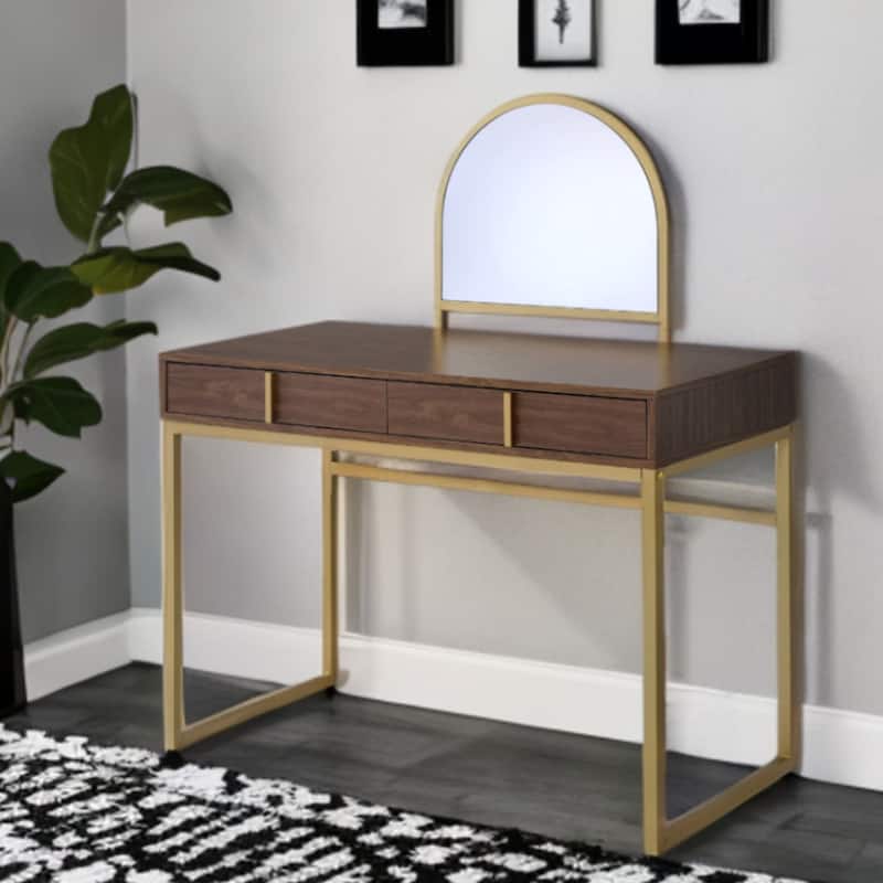 Contemporary Gold Vanity Desk with Mirror and 2 Drawers Walnut Solid Wood 50” Tall Makeup Table - 50”H x 42”W x 19”D