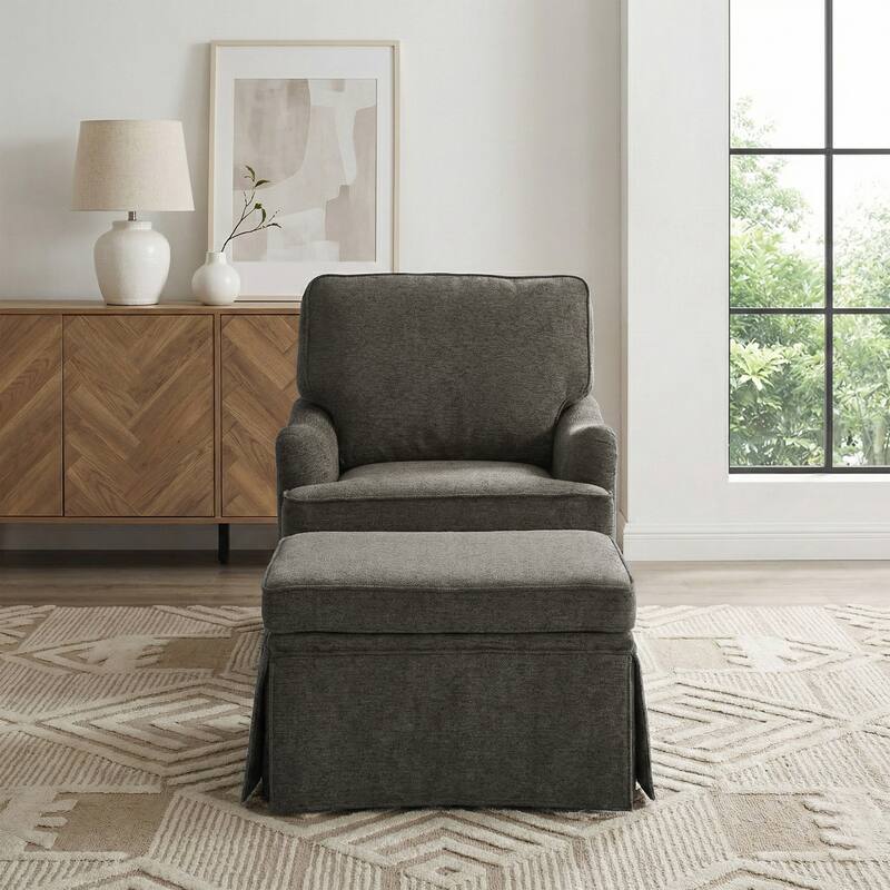 Chenille Swivel Accent Chair Storage Ottoman Set with Nailhead Trim Skirt