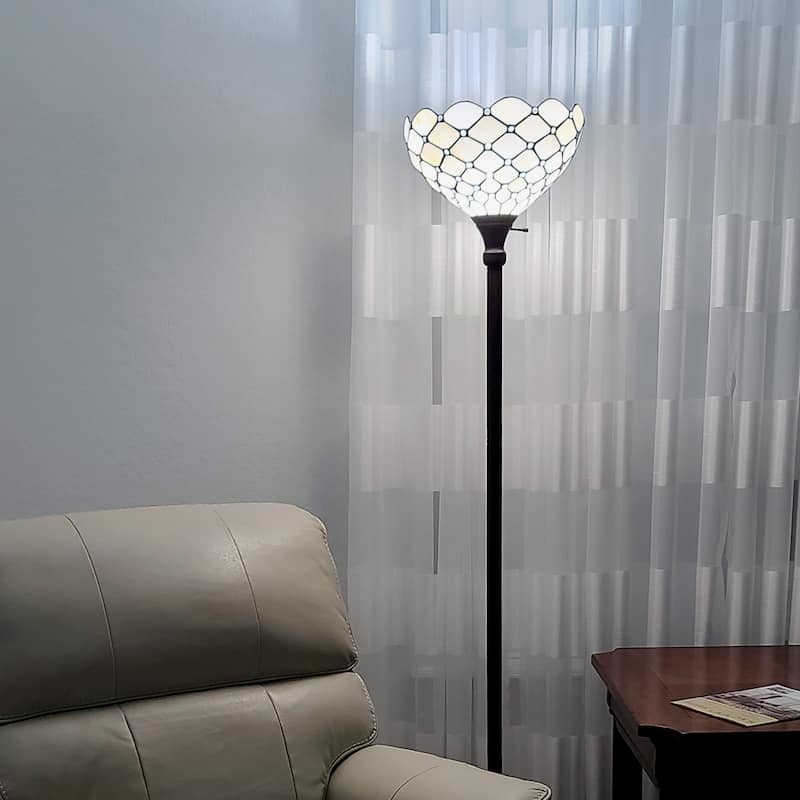 Tiffany Style Floor Lamp Jeweled Torchiere 72" Tall Stained Glass White Stains Bedroom Reading Gift AM1119FL14B Amora Lighting