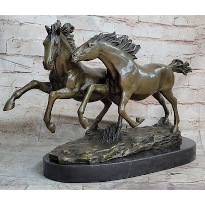 Galloping Pair Of Horses Bronze Statue Sculpture Decor Signed Zhang 10 Inches X 17 Inches
