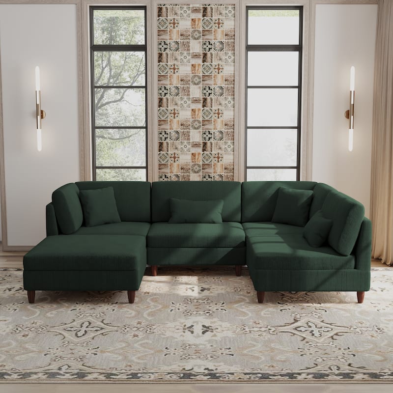 Corduroy Modular Sectional 5 Piece Sofa with Ottoman - Hunter Green