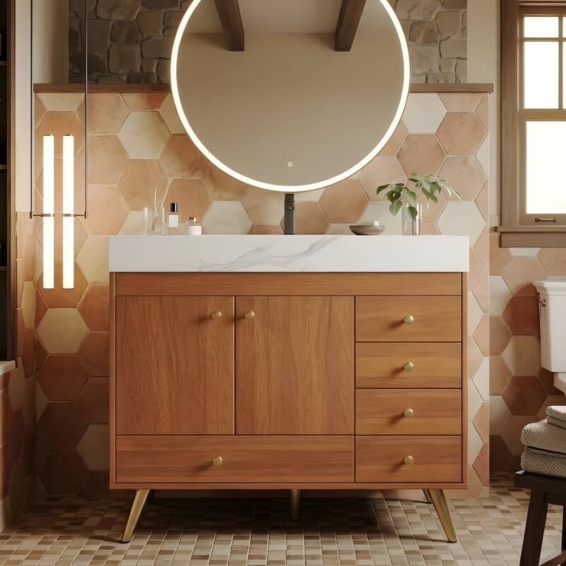 36" Freestanding Bathroom Vanity with Faux Marble Top, Ceramic Sink, 5 Drawers & Stainless Steel Legs