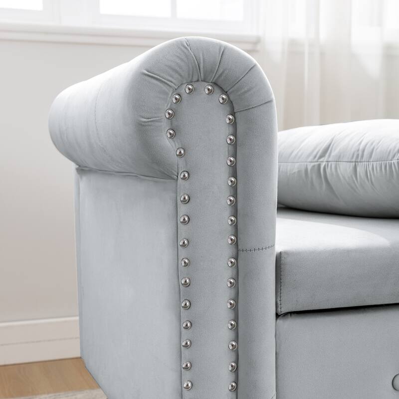 Chaise Lounge Indoor,Lounge Chair with Storage & Pillow,Upholstered Rolled Arm Chase Lounge for Sleeping with Nailhead Trim