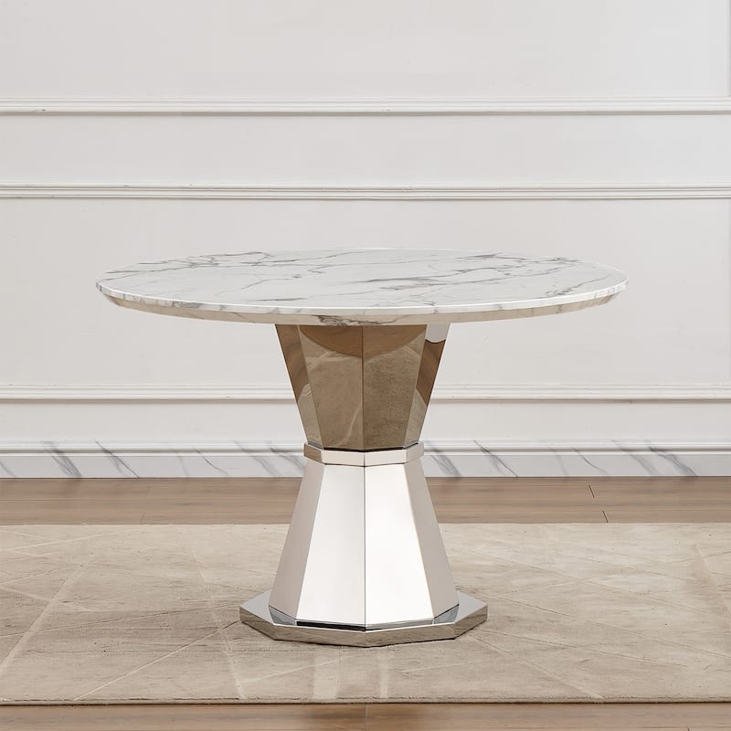 47" Round Dining Table with Faux Marble Tabletop and Stainless Steel Base - Silver+White