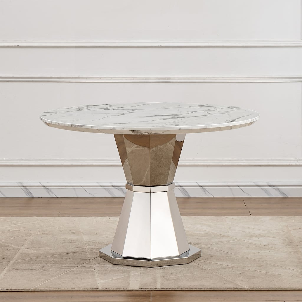 47" Round Dining Table with Faux Marble Tabletop and Stainless Steel Base - Silver+White