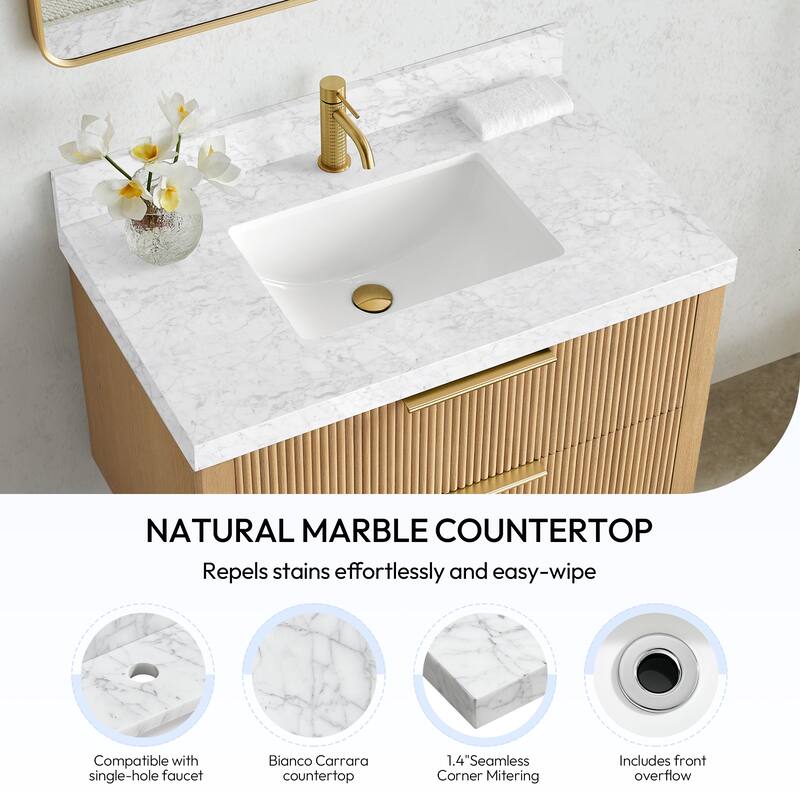 Zevio Natural Marble Vanity Top in Carrara White with Ceramic Sink