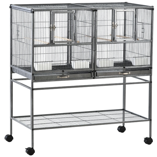 PawHut Large Double Rolling Metal Bird Cage Bird House with Removable Metal Tray, Storage Shelf, Wood Perch, Food Container. Opens flyout.