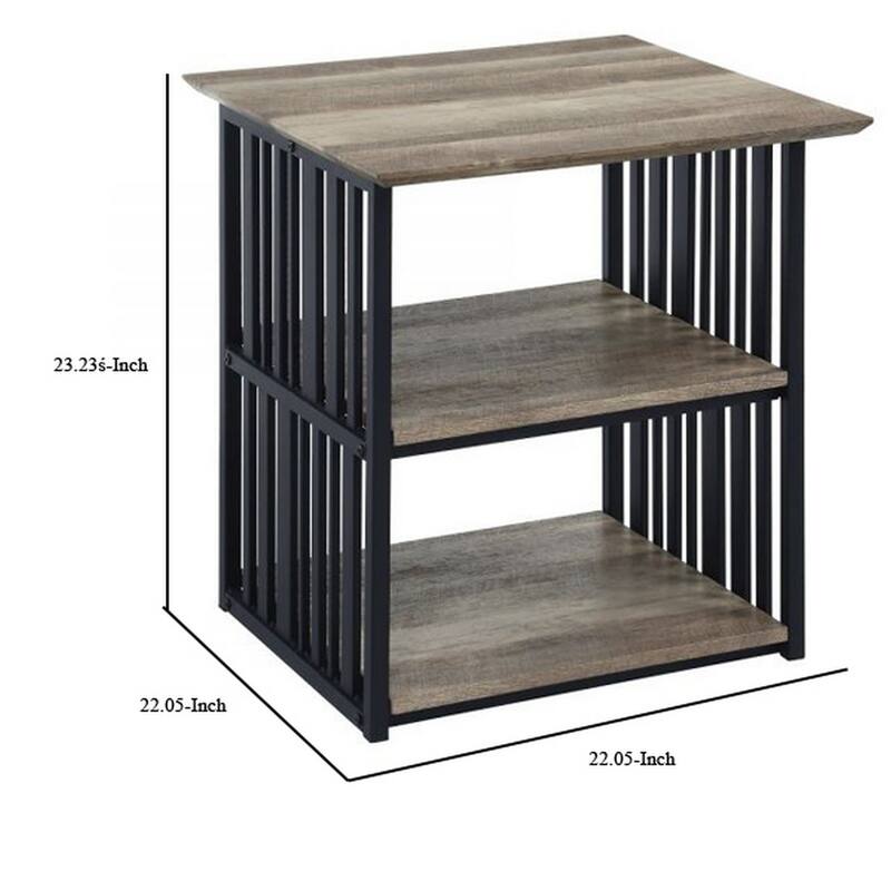 Nori 23 Inch Nightstand, 2 Shelves, Metal Base, MDF, Antique Oak and Black