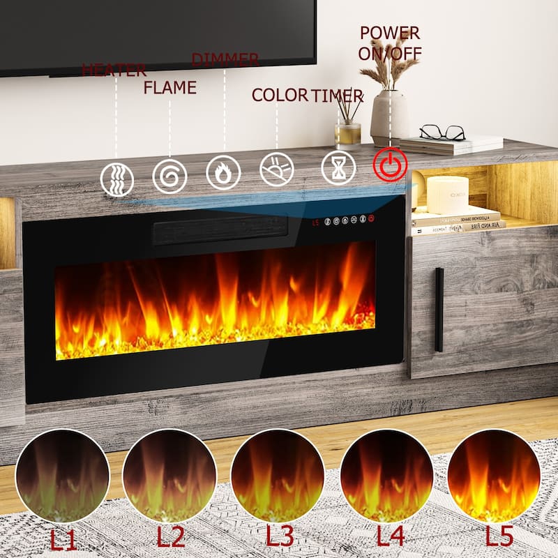 Bossin 70" Fireplace TV Stand with 36" Electric Fireplace, TV Stand for TVs Up to 80", 16 Colors LED Lights/Entertainment Center