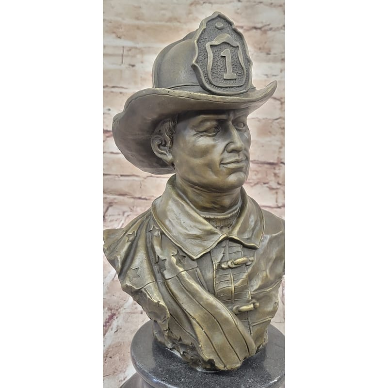 Firefighter Fireman Bronze Metal Bust Statue Sculpture Memorial On Marble Base