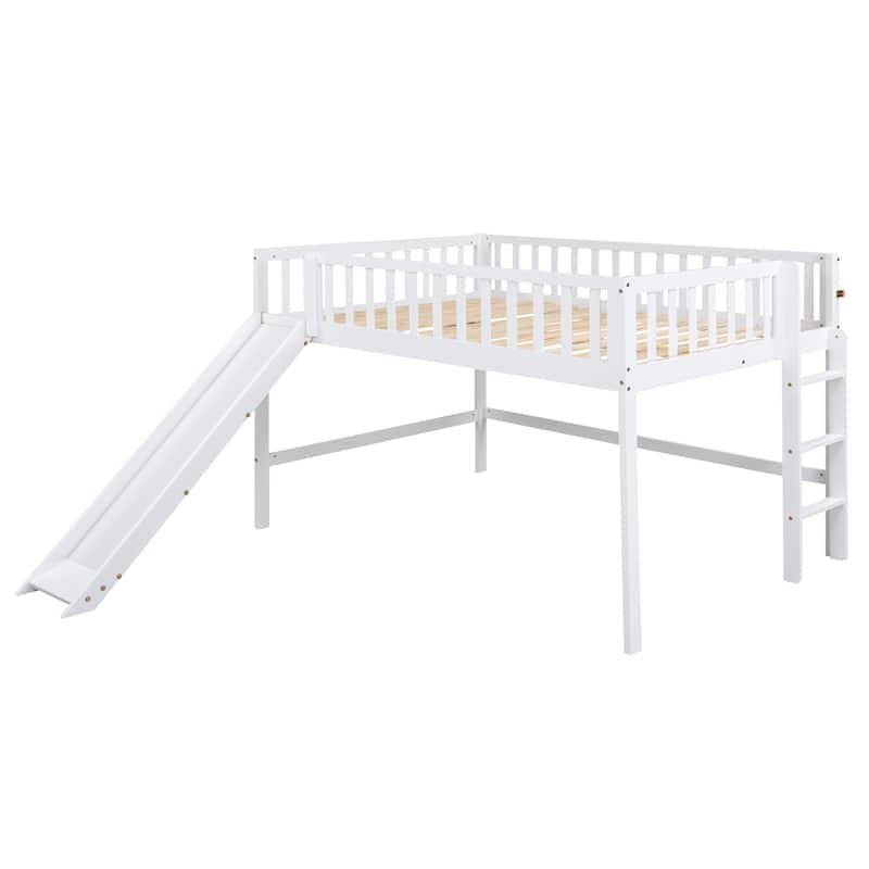 Full Size Low Loft Bed with Ladder and Removable Slide