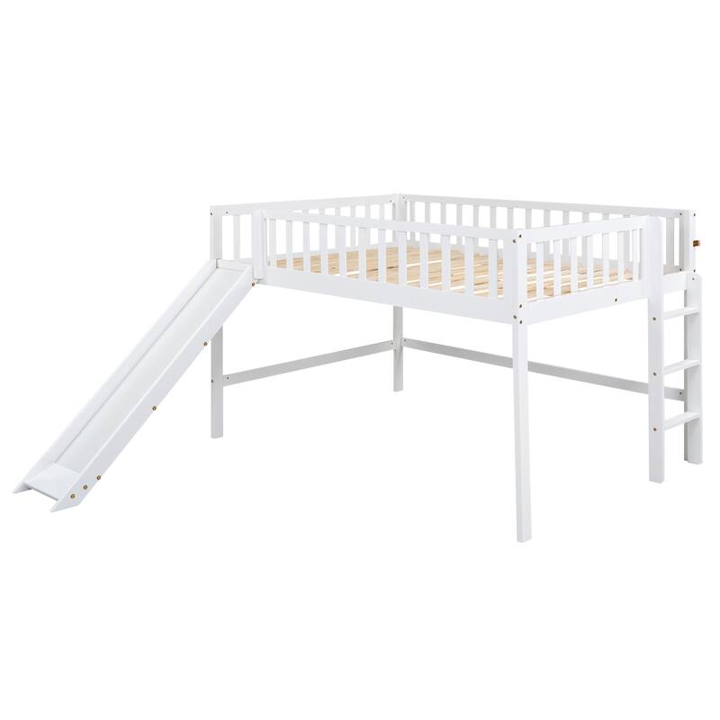 Full Size Low Loft Bed with Slide and Ladder, Space-Saving Design, White