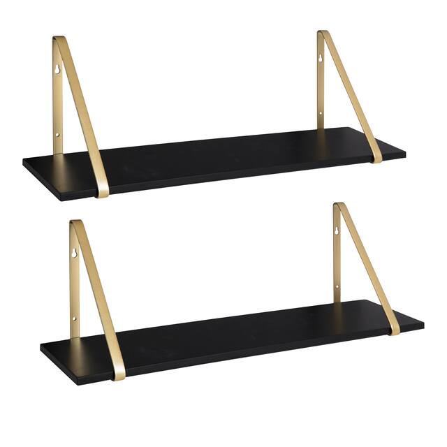 Kate and Laurel Soloman Wood 2 Piece Shelves with Metal Brackets - 2 Piece 28 inches - Black/Gold
