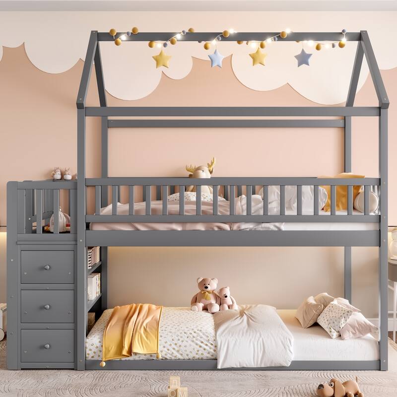Twin over Twin House Shaped Bunk Bed, Solid Pine Wood Floor Bunk Bed Frame with Shelves and 3 Drawers, No Box Spring Needed