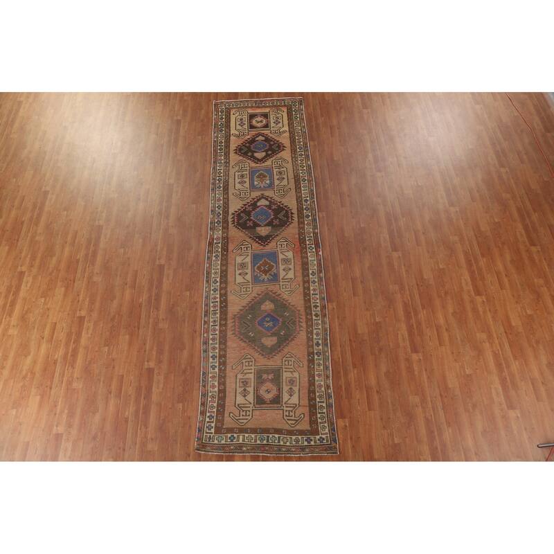 Tribal Ardebil Persian Vintage Runner Rug Handmade Orange Wool Carpet - 3'7" x 13'1"