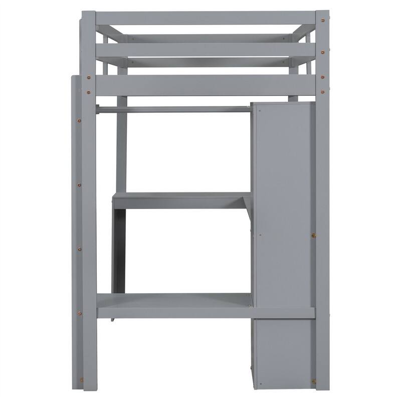 Solid Wood Loft Bed with Bulit-in L-Shaped Desk, Wardrobe and Hanging Rod, Twin/Full Size Loft Bedframe with Storage Shelves
