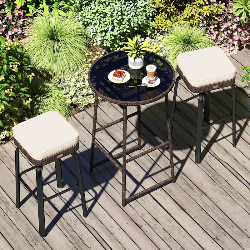 Costway 3 PCS Outdoor Swivel Bar Set with 2 Chairs, Tempered Glass - See Details