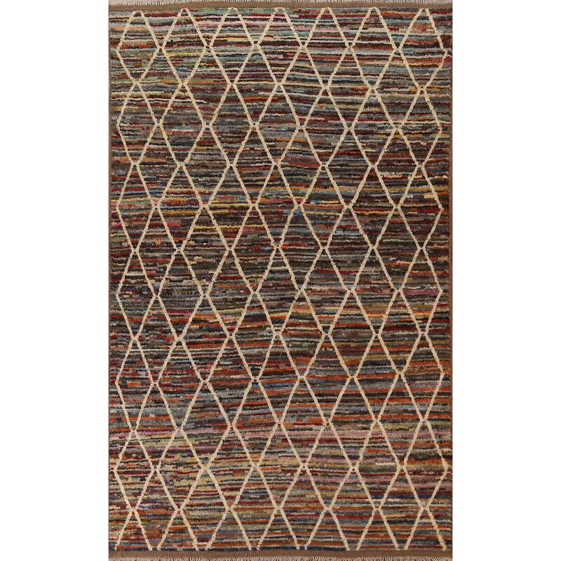Hand Knotted Oriental 100% Wool Carpet Tribal Trellis Multi-Colored Moroccan Area Rug - 9' 10'' X 6' 5''