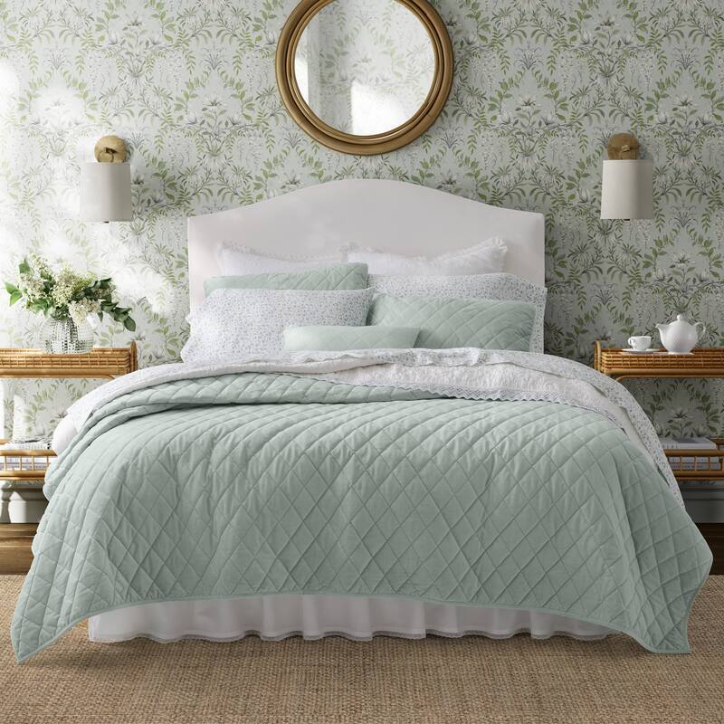 Laura Ashley Solid Diamond Velvet Bonus Quilt Set - Sage Green - Full - Queen