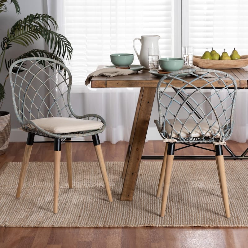 Sabelle Modern Bohemian Natural Brown Finished Teak Wood and Light Blue Rattan 2-Piece Dining Chair Set