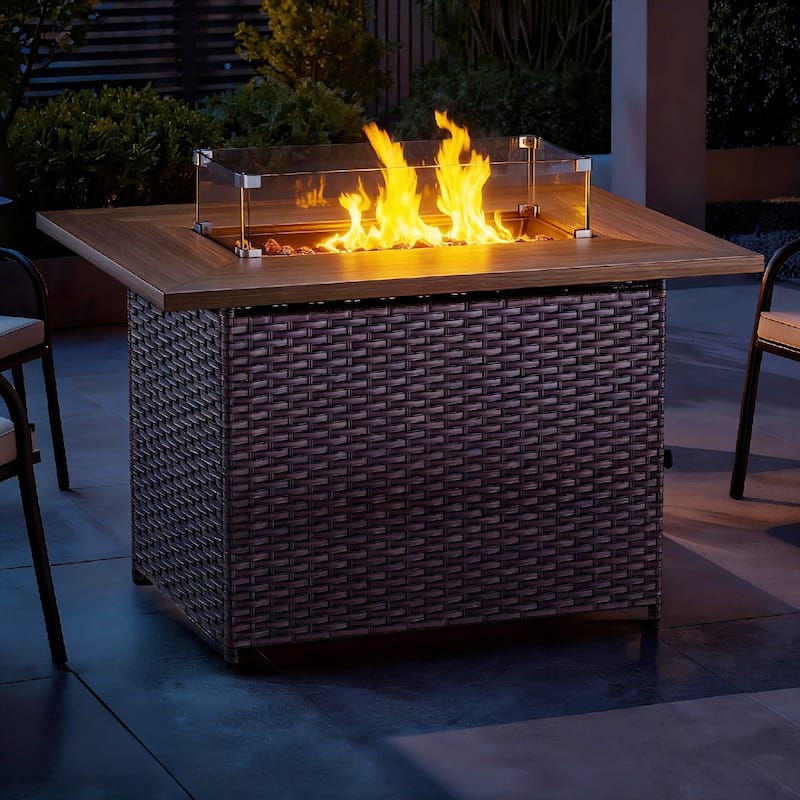 Meyreso 41 in. Rectangular Brown Wicker and Metal Propane Gas Outdoor Fire Pit Table with Lava Rocks, 50000 BTU