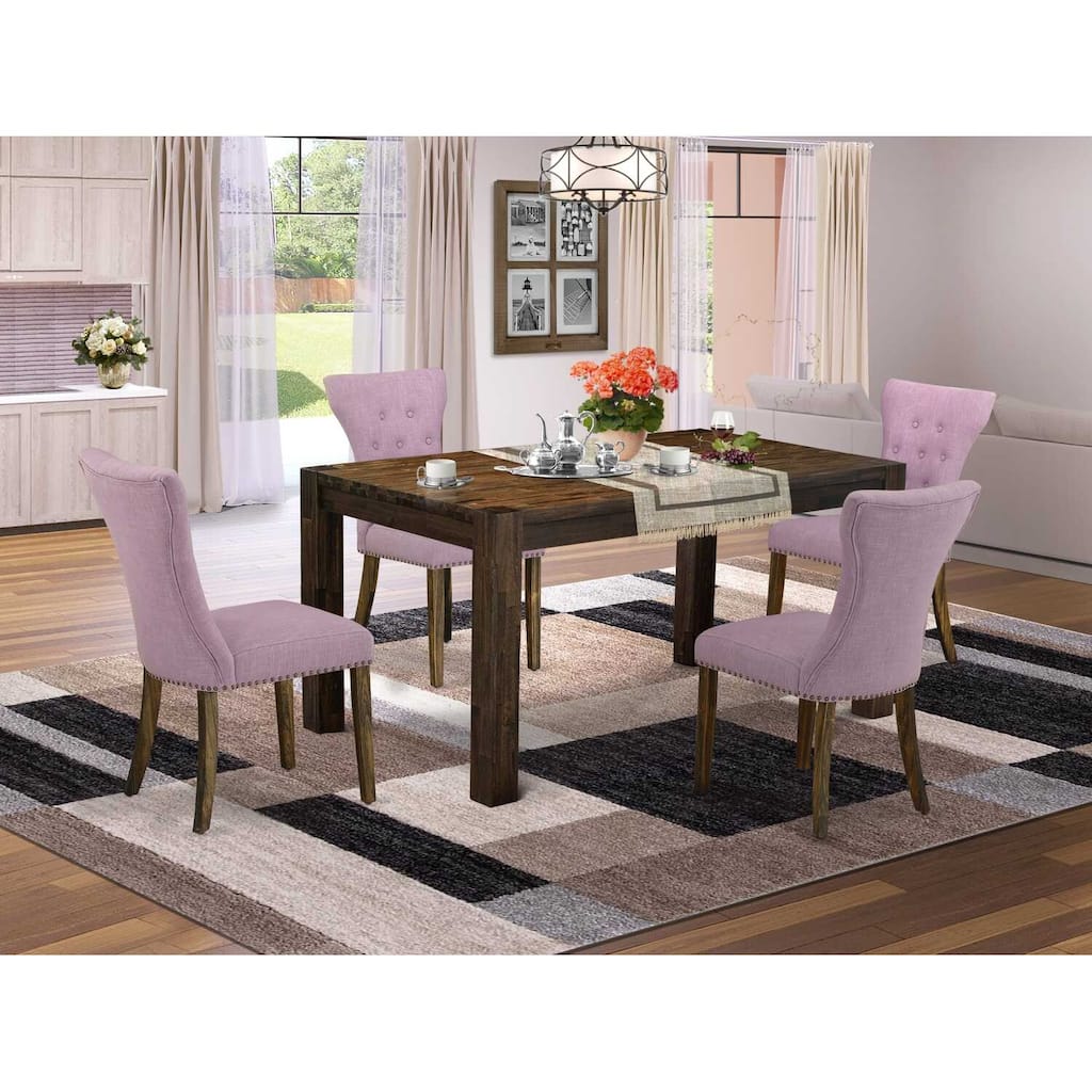 5-Piece Natural Brown Finish Solid Wood Top - Rectangular Button Tufted Upholstered Dining Room Set - Seats 4